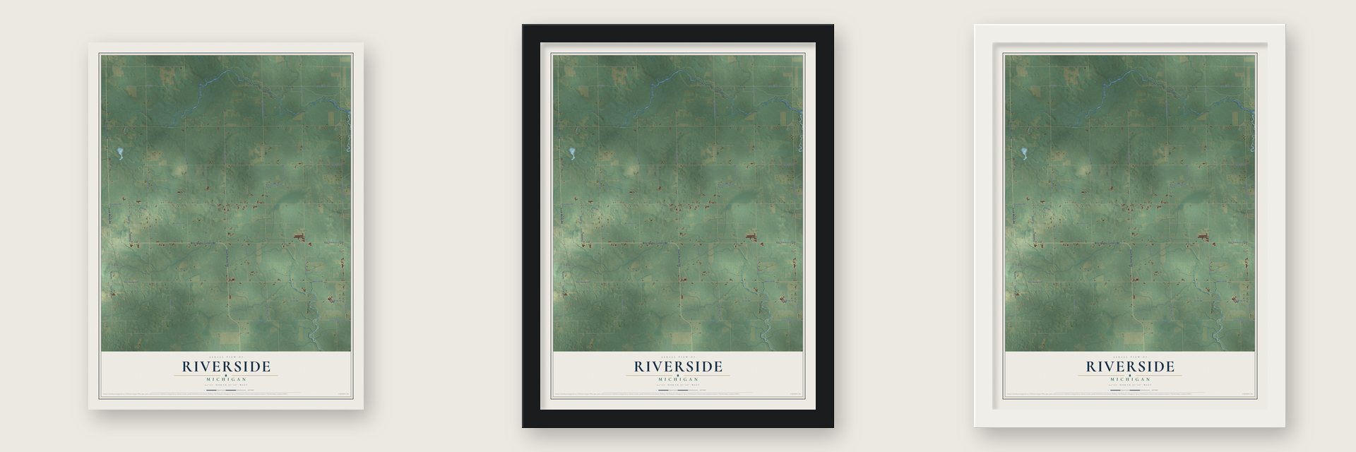 Riverside, Michigan map unframed, in a black wood frame and in a white wood frame