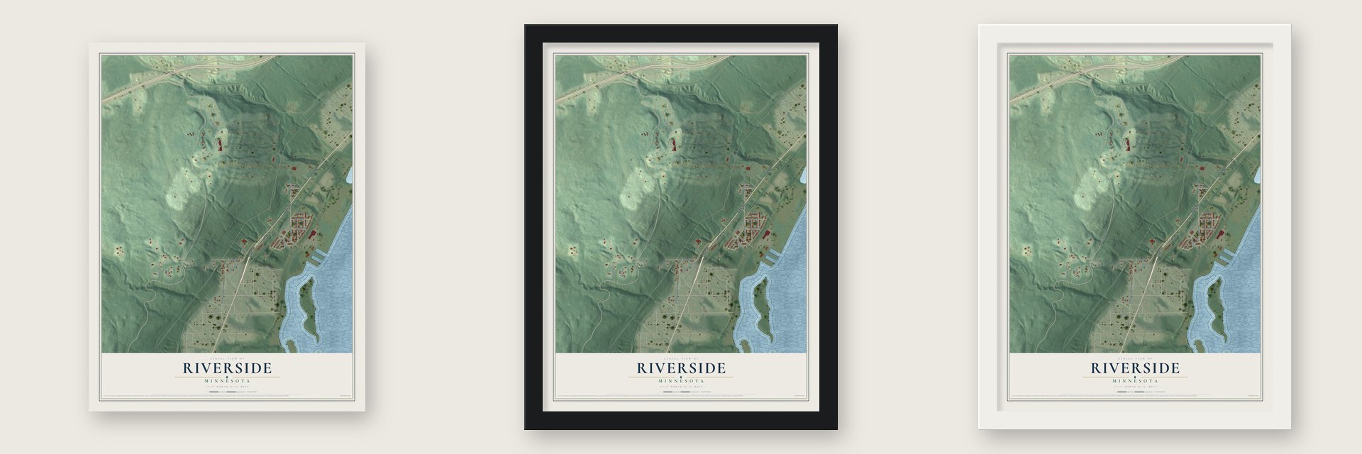 Riverside, Minnesota map unframed, in a black wood frame and in a white wood frame