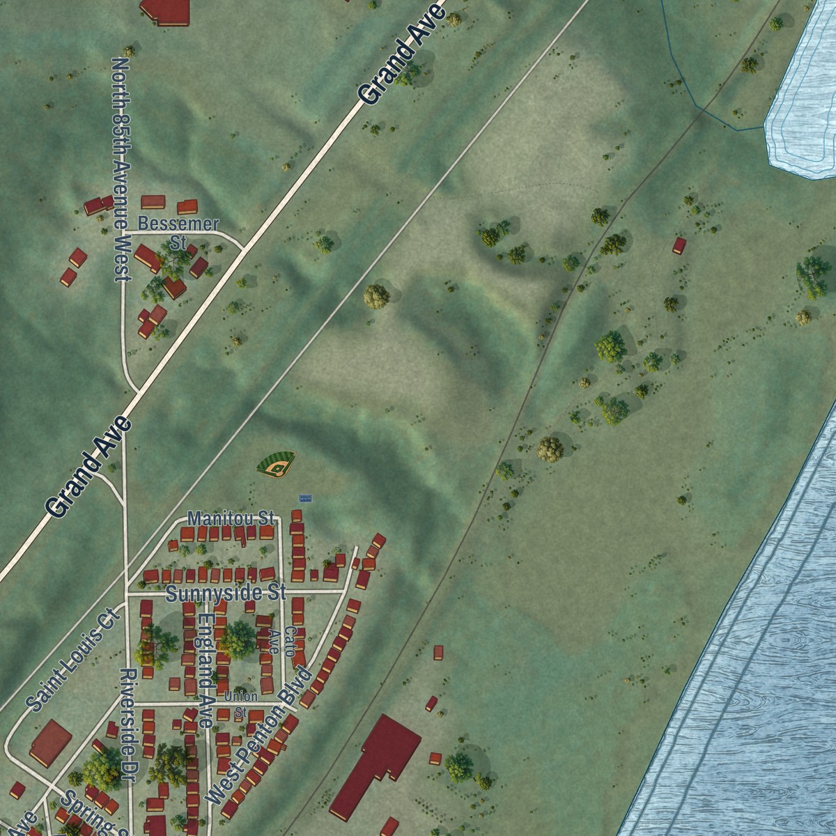 Second close-up of the map of Riverside, Minnesota print showing more streets and buildings