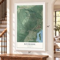 Riverside, Minnesota map, 24 x 36 inch print in a white frame by a staircase