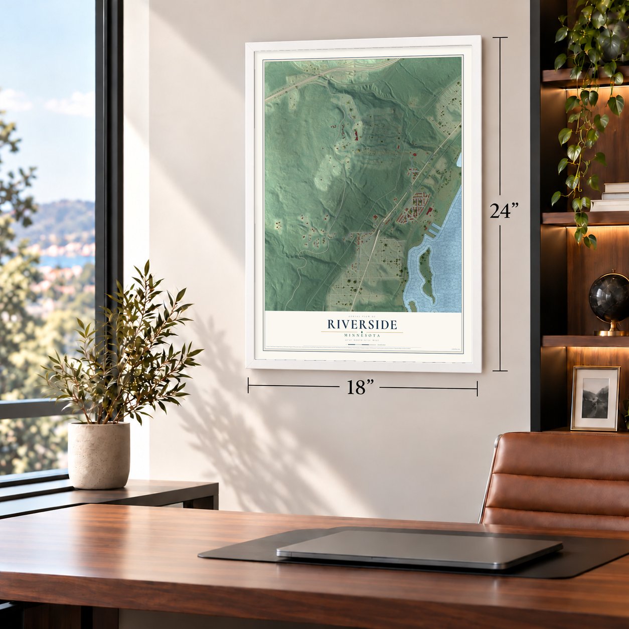 Riverside, Minnesota map, 18 x 24 inch print in a white frame in a home office