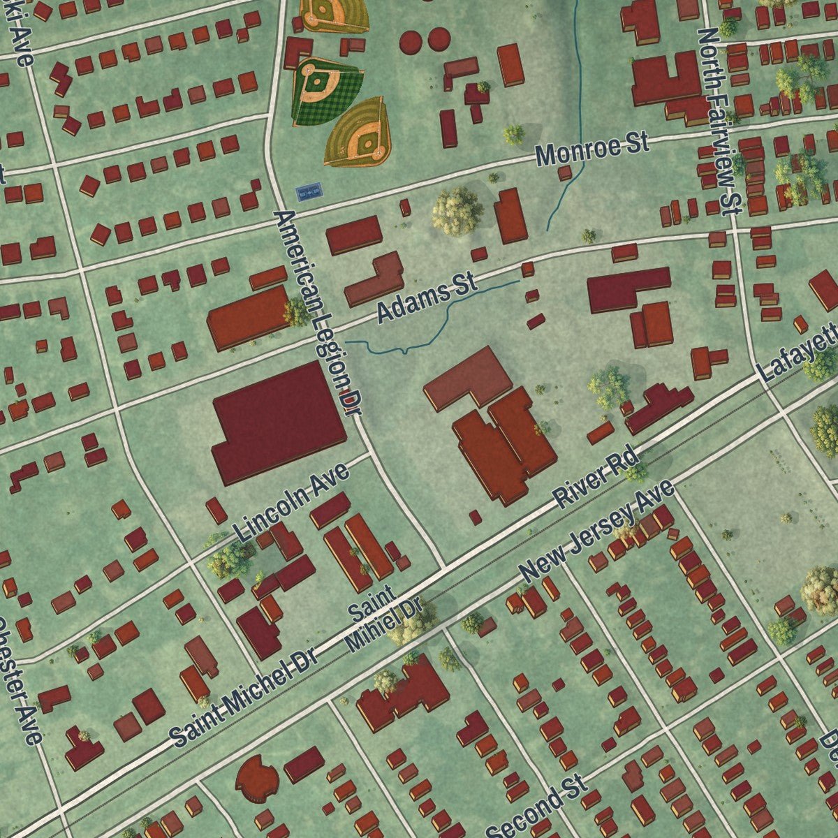 Second close-up of the map of Riverside, New Jersey print showing more streets and buildings