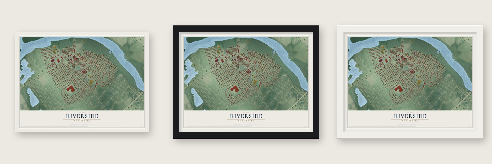 Riverside, New Jersey map unframed, in a black wood frame and in a white wood frame