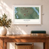 Riverside, New Jersey map, 12 x 18 inch print in a white frame in an entryway