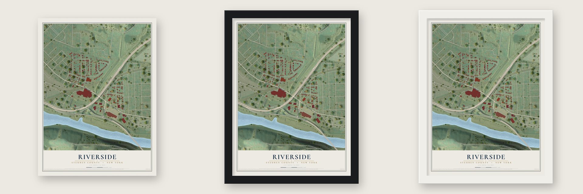 Riverside, New York map unframed, in a black wood frame and in a white wood frame