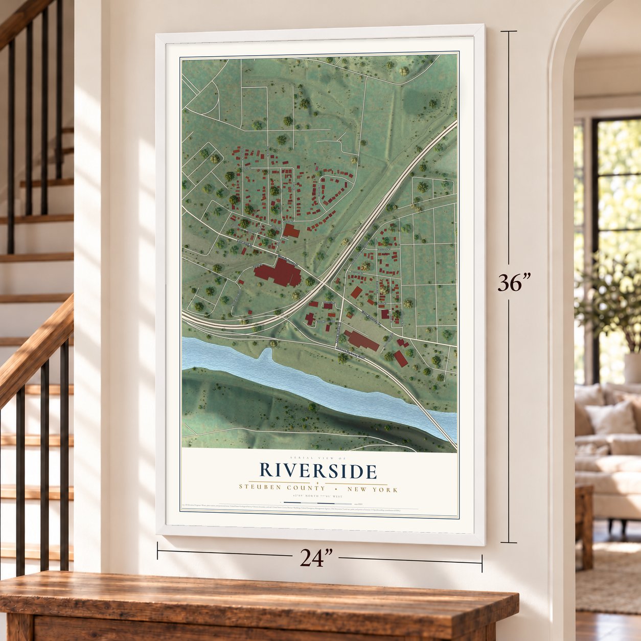 Riverside, New York map, 24 x 36 inch print in a white frame by a staircase