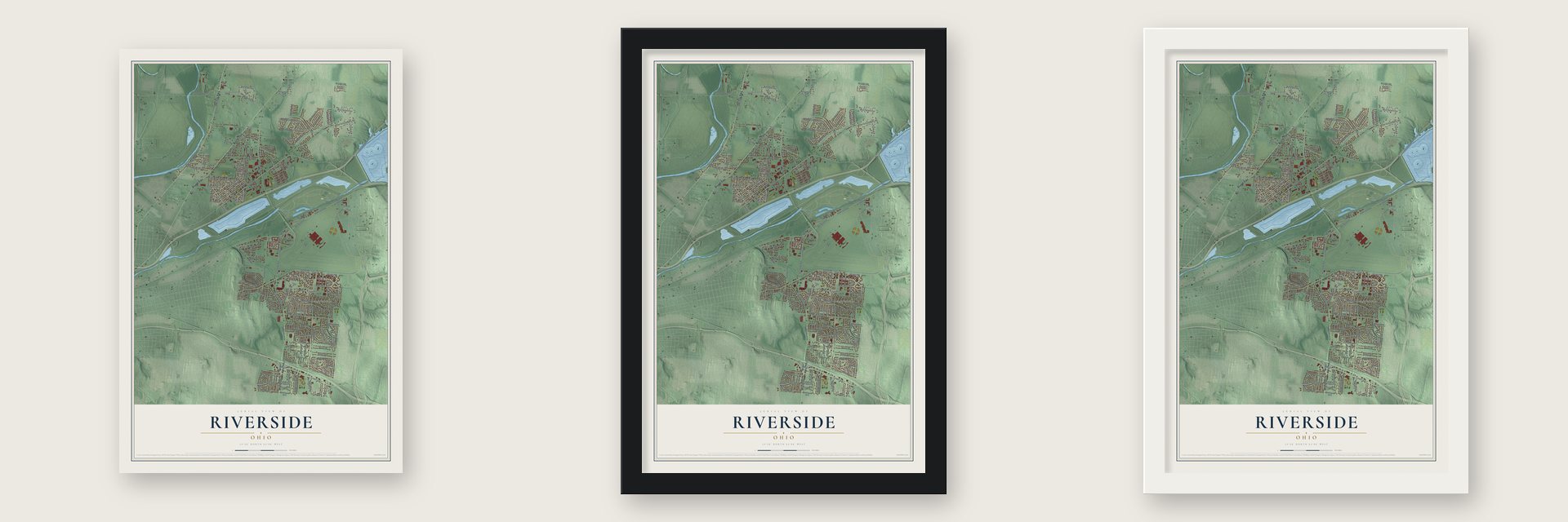 Riverside, Ohio map unframed, in a black wood frame and in a white wood frame