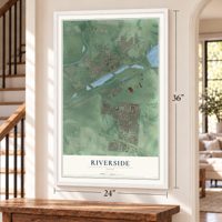 Riverside, Ohio map, 24 x 36 inch print in a white frame by a staircase