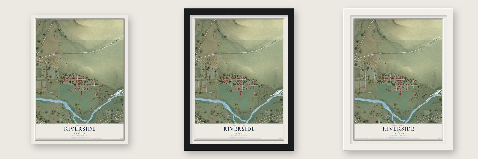 Riverside, Oregon map unframed, in a black wood frame and in a white wood frame