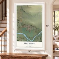 Riverside, Oregon map, 24 x 36 inch print in a white frame by a staircase