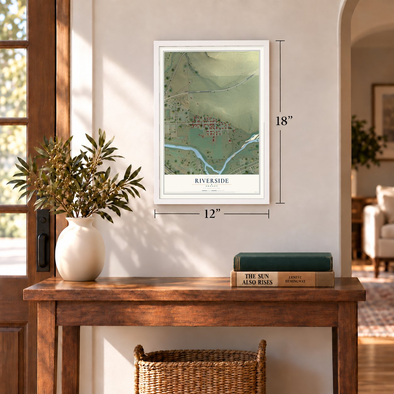 Riverside, Oregon map, 12 x 18 inch print in a white frame in an entryway