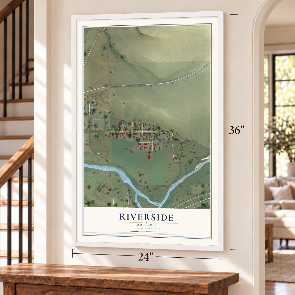 Riverside, Oregon map, 24 x 36 inch print in a white frame by a staircase