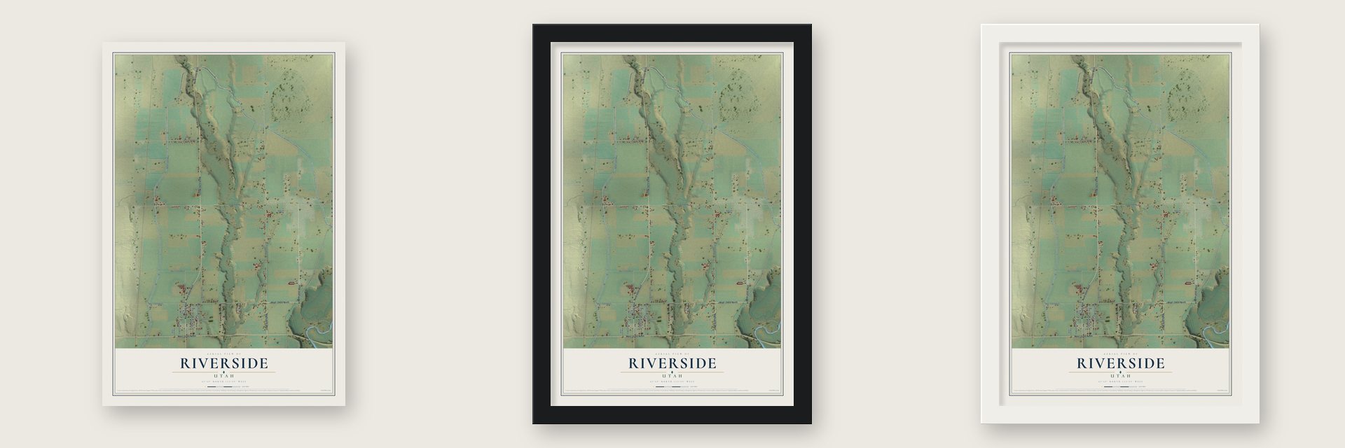 Riverside, Utah map unframed, in a black wood frame and in a white wood frame