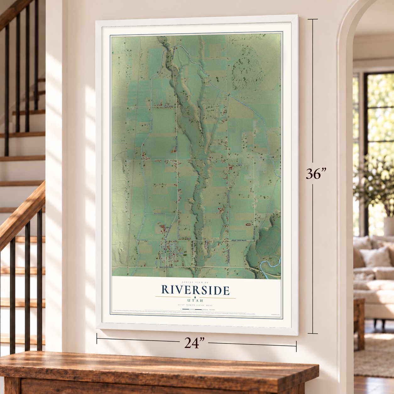 Riverside, Utah map, 24 x 36 inch print in a white frame by a staircase