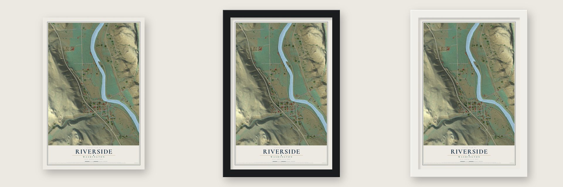 Riverside, Washington map unframed, in a black wood frame and in a white wood frame