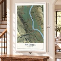 Riverside, Washington map, 24 x 36 inch print in a white frame by a staircase
