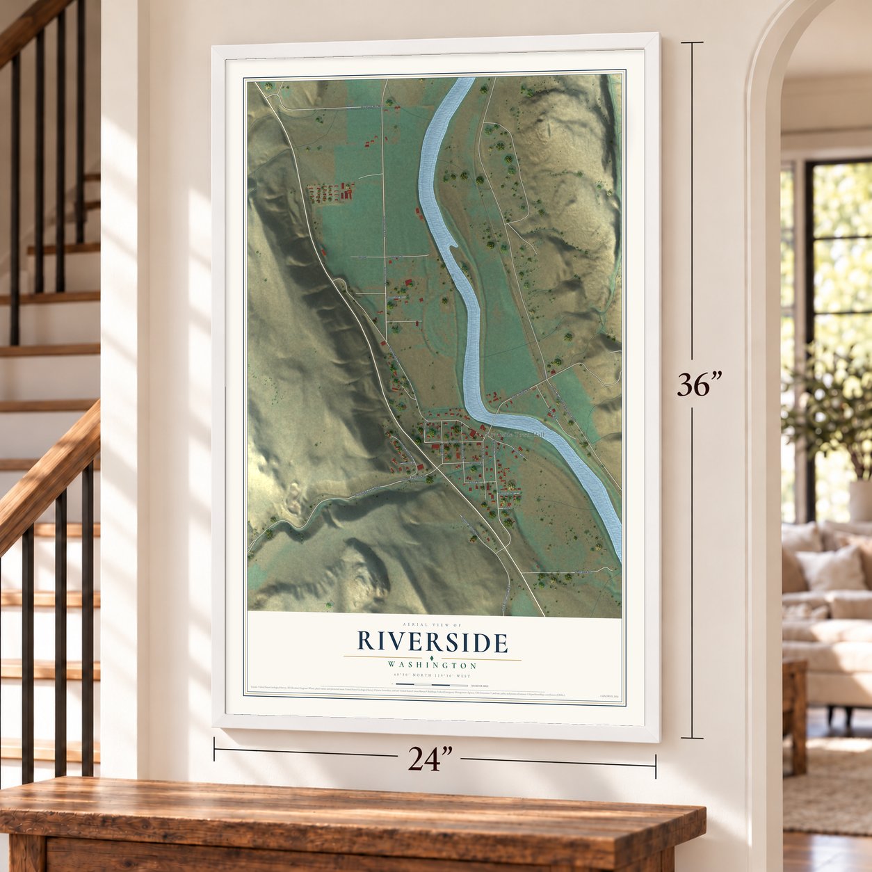 Riverside, Washington map, 24 x 36 inch print in a white frame by a staircase