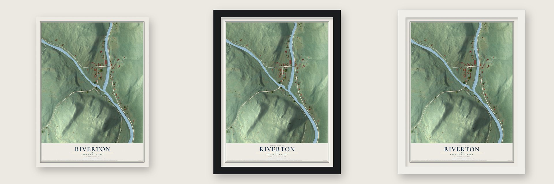 Riverton, Connecticut map unframed, in a black wood frame and in a white wood frame