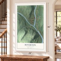 Riverton, Connecticut map, 24 x 36 inch print in a white frame by a staircase