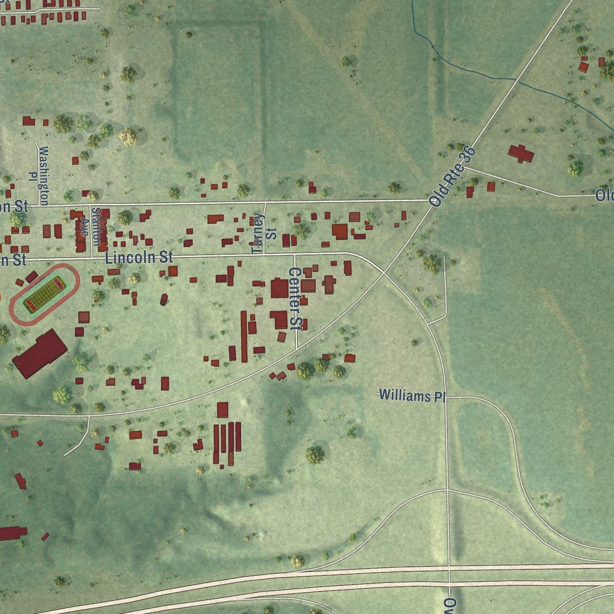 Second close-up of the map of Riverton, Illinois print showing more streets and buildings