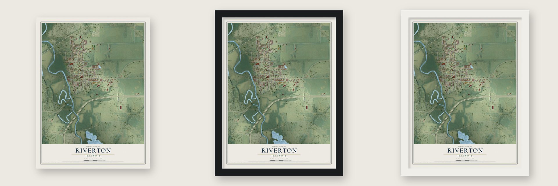 Riverton, Illinois map unframed, in a black wood frame and in a white wood frame