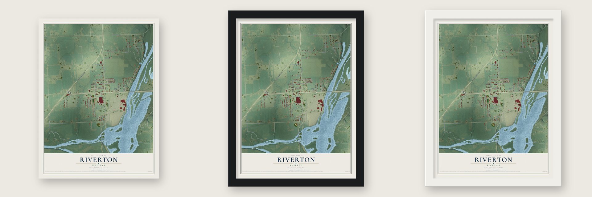 Riverton, Kansas map unframed, in a black wood frame and in a white wood frame