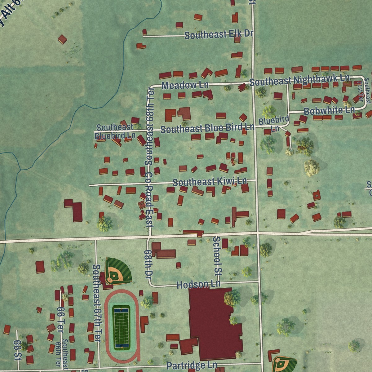Second close-up of the map of Riverton, Kansas print showing more streets and buildings