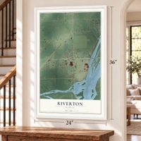 Riverton, Kansas map, 24 x 36 inch print in a white frame by a staircase