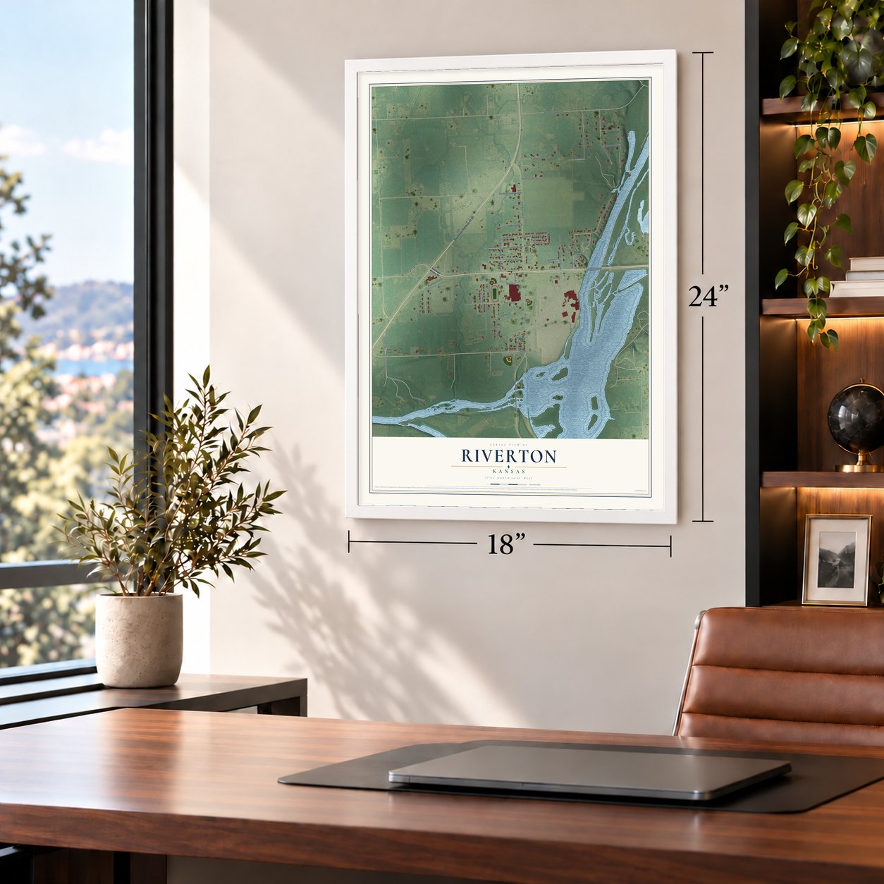 Riverton, Kansas map, 18 x 24 inch print in a white frame in a home office