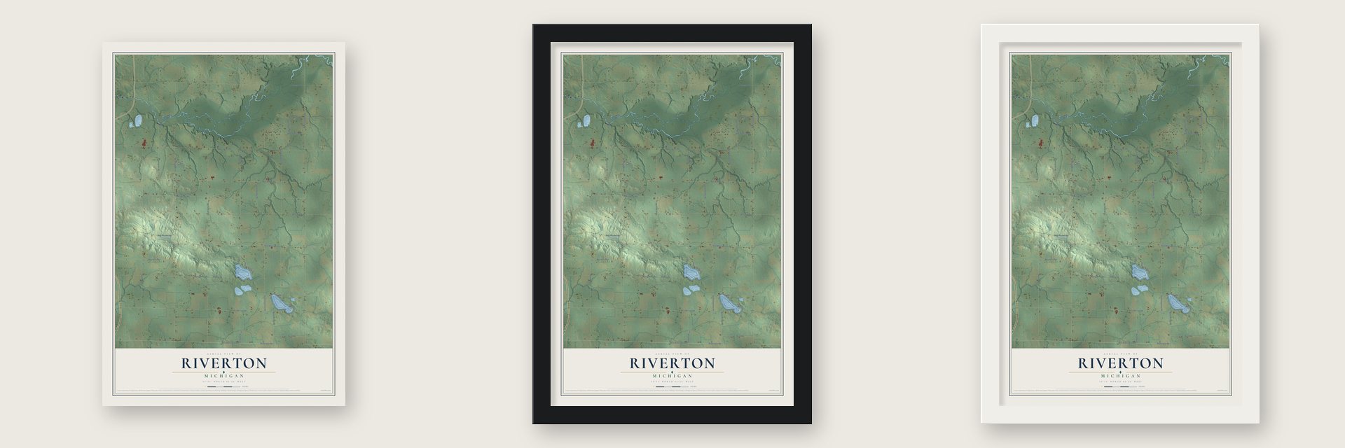 Riverton, Michigan map unframed, in a black wood frame and in a white wood frame