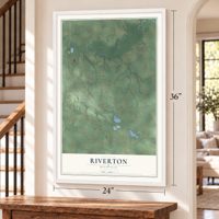 Riverton, Michigan map, 24 x 36 inch print in a white frame by a staircase