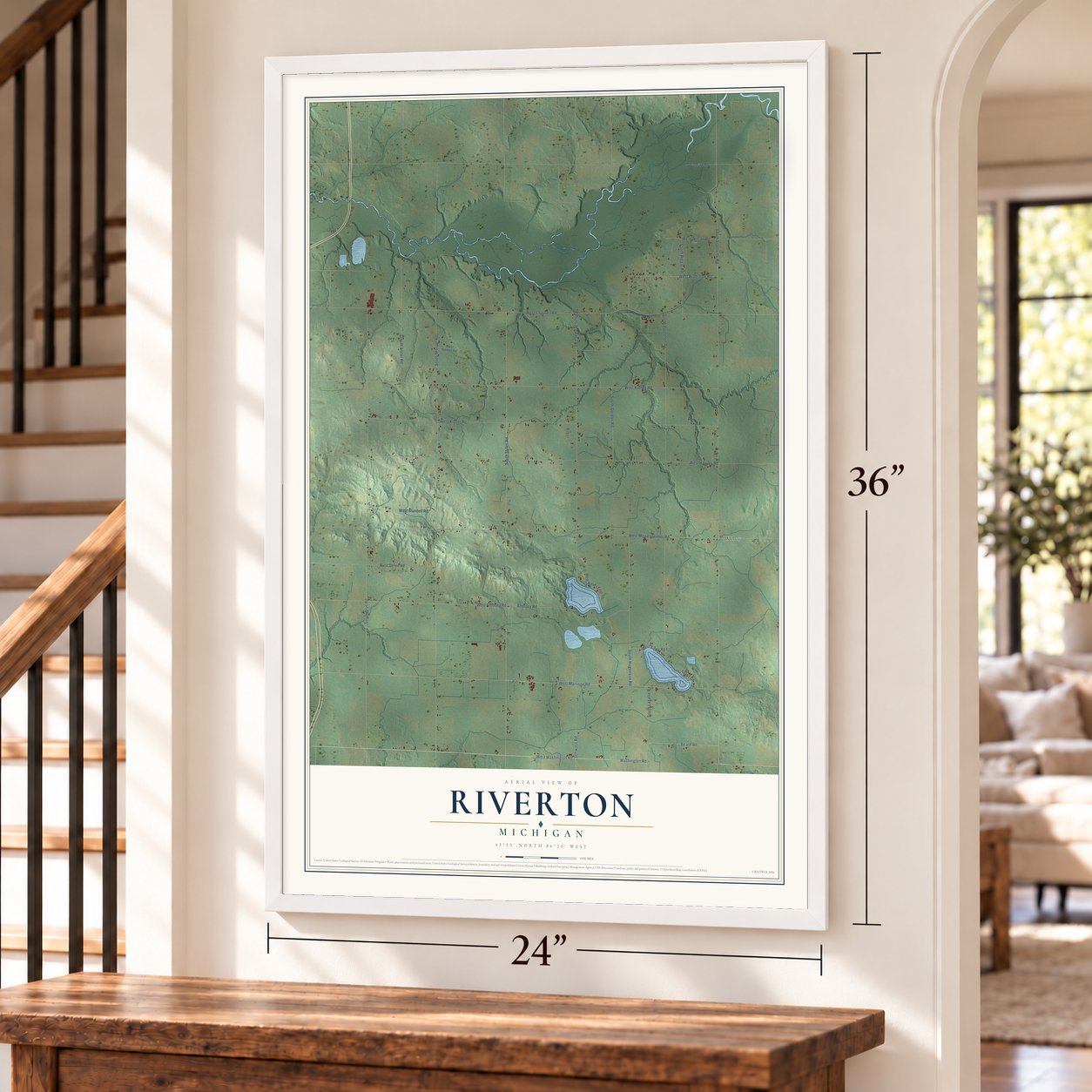 Riverton, Michigan map, 24 x 36 inch print in a white frame by a staircase
