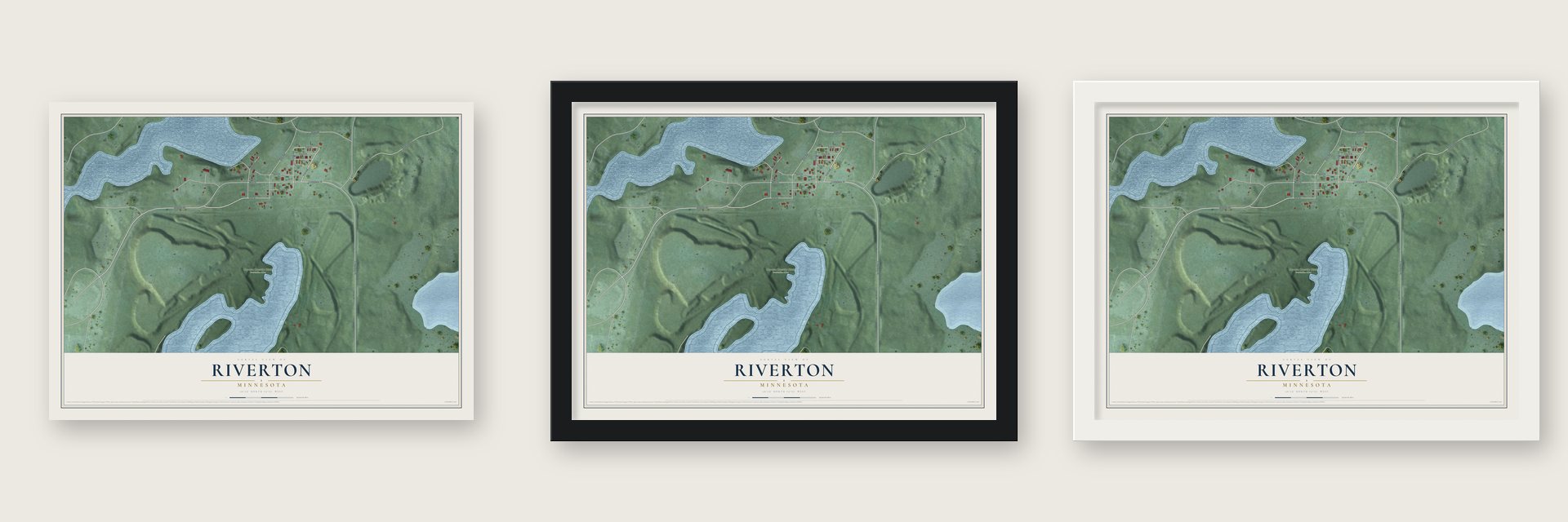 Riverton, Minnesota map unframed, in a black wood frame and in a white wood frame