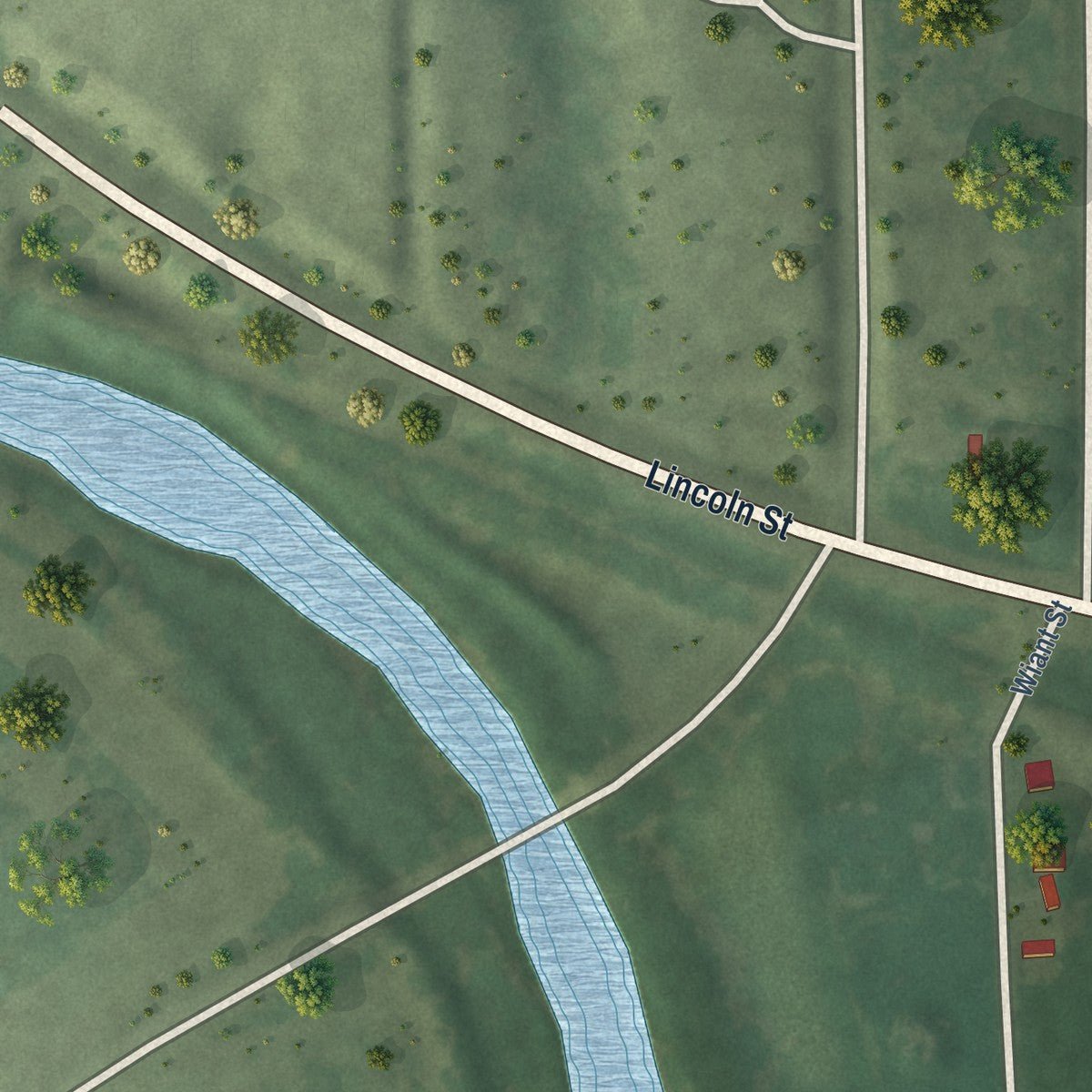 Second close-up of the map of Riverton, Nebraska print showing more streets and buildings