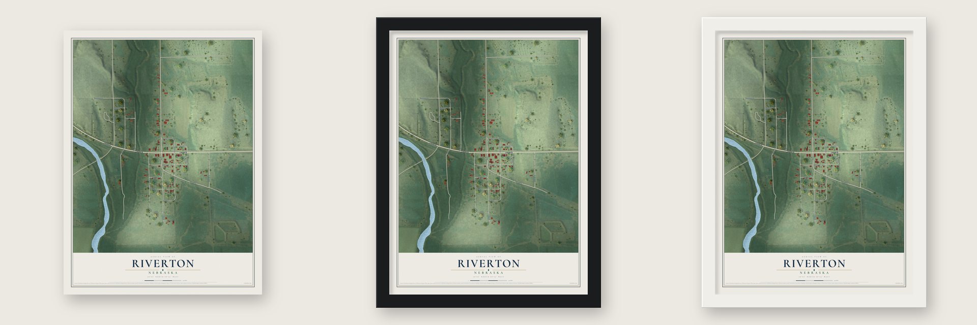 Riverton, Nebraska map unframed, in a black wood frame and in a white wood frame