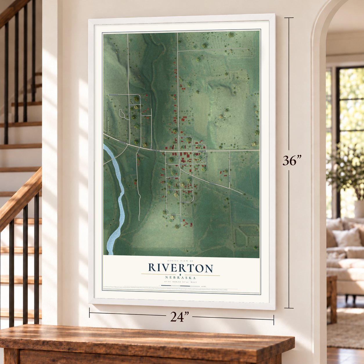 Riverton, Nebraska map, 24 x 36 inch print in a white frame by a staircase