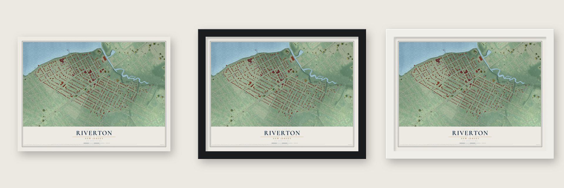 Riverton, New Jersey map unframed, in a black wood frame and in a white wood frame