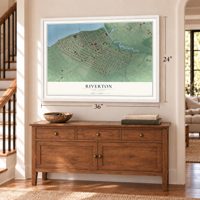 Riverton, New Jersey map, 24 x 36 inch print in a white frame above a dresser by a staircase