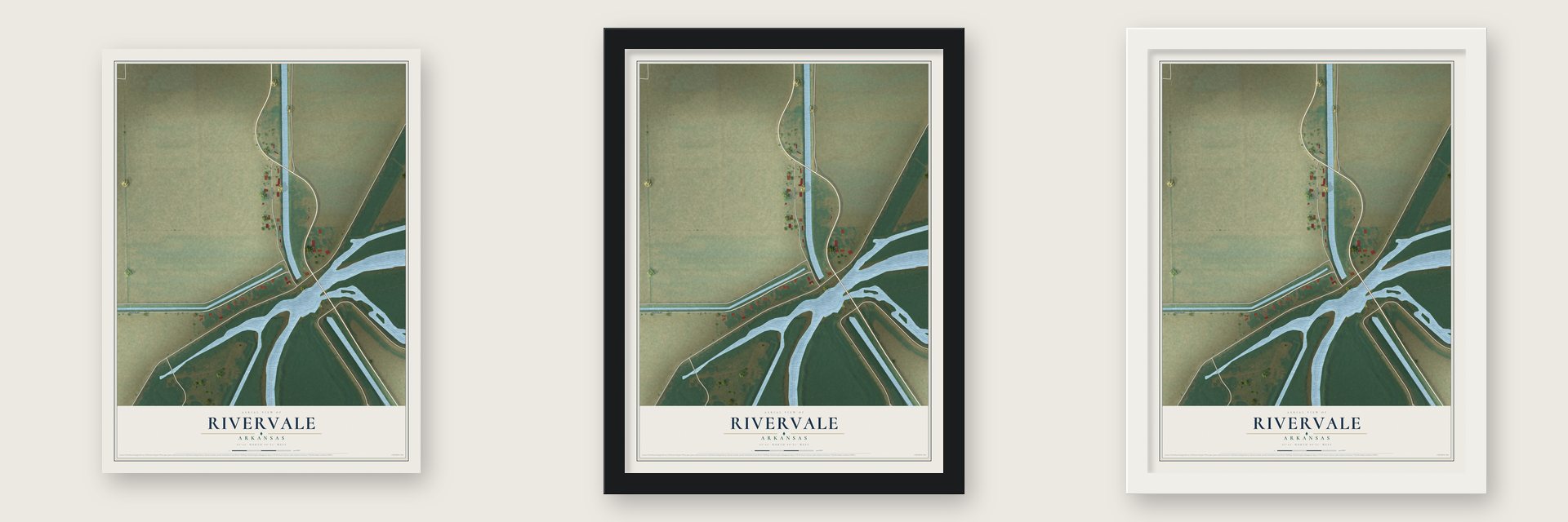 Rivervale, Arkansas map unframed, in a black wood frame and in a white wood frame