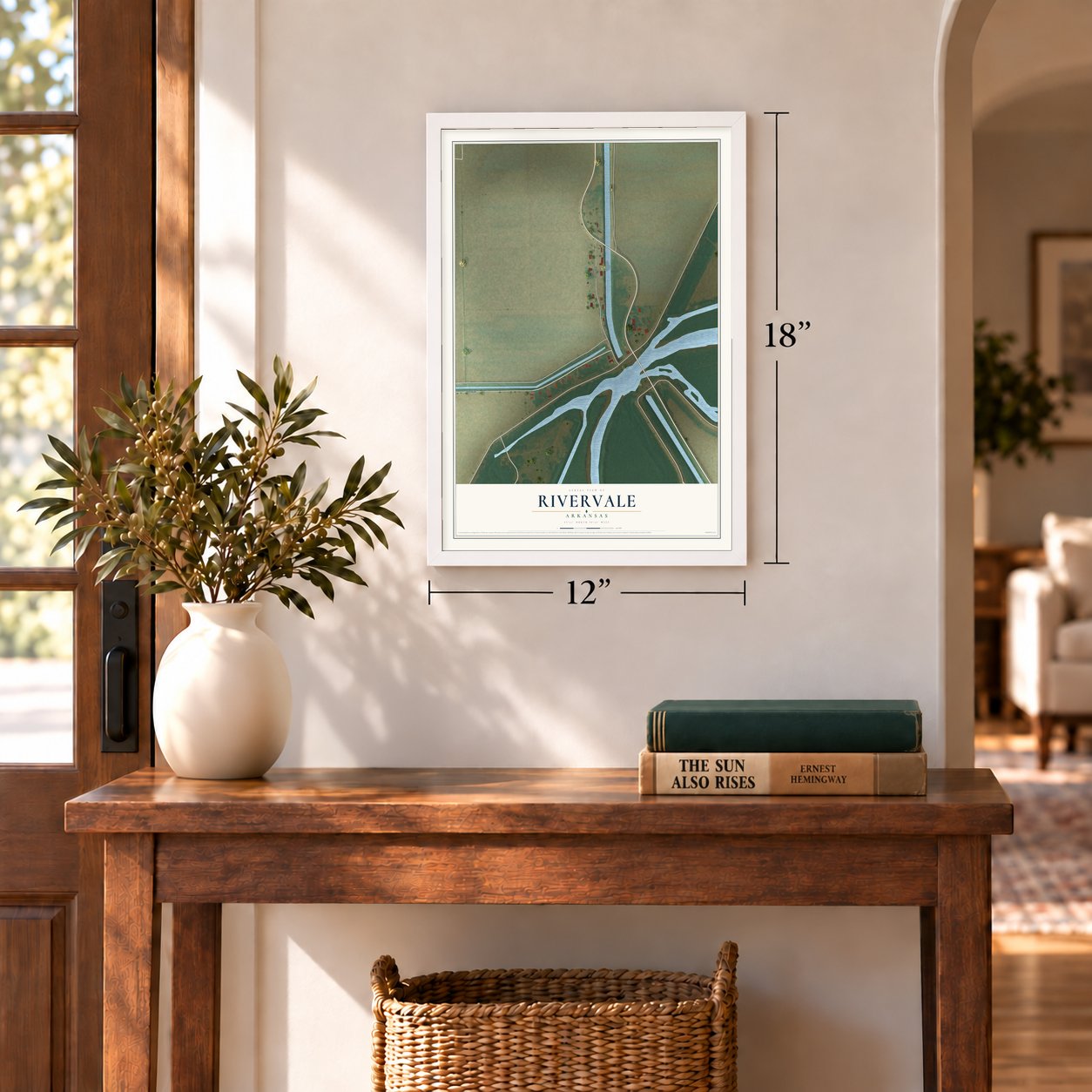 Rivervale, Arkansas map, 12 x 18 inch print in a white frame in an entryway