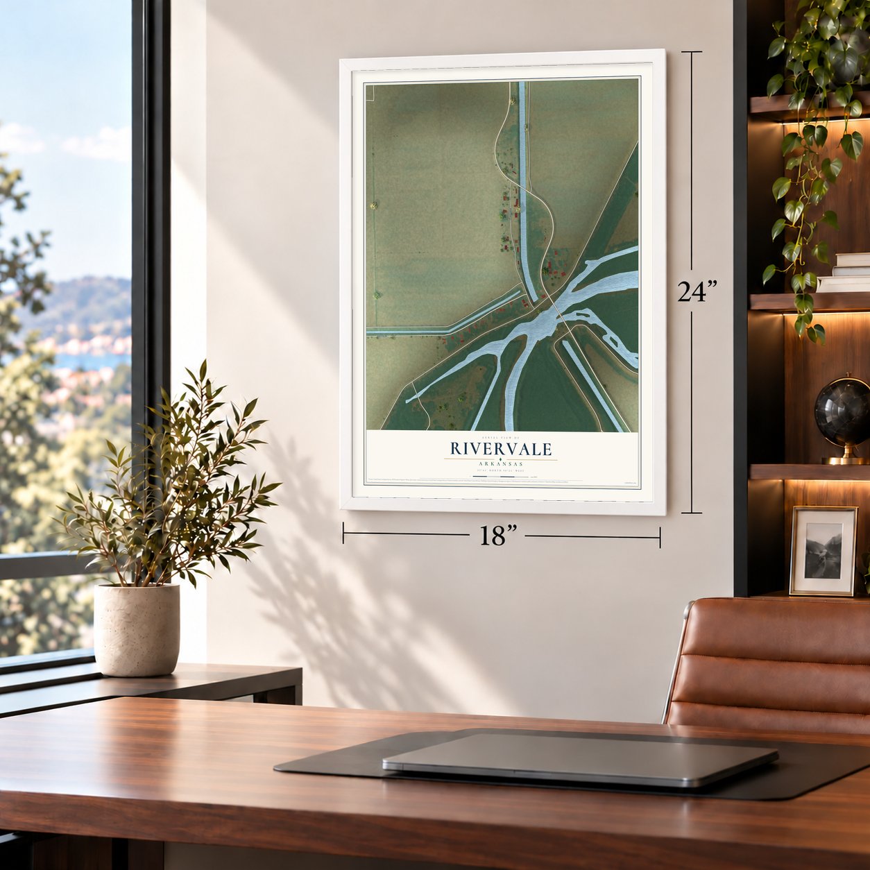 Rivervale, Arkansas map, 18 x 24 inch print in a white frame in a home office