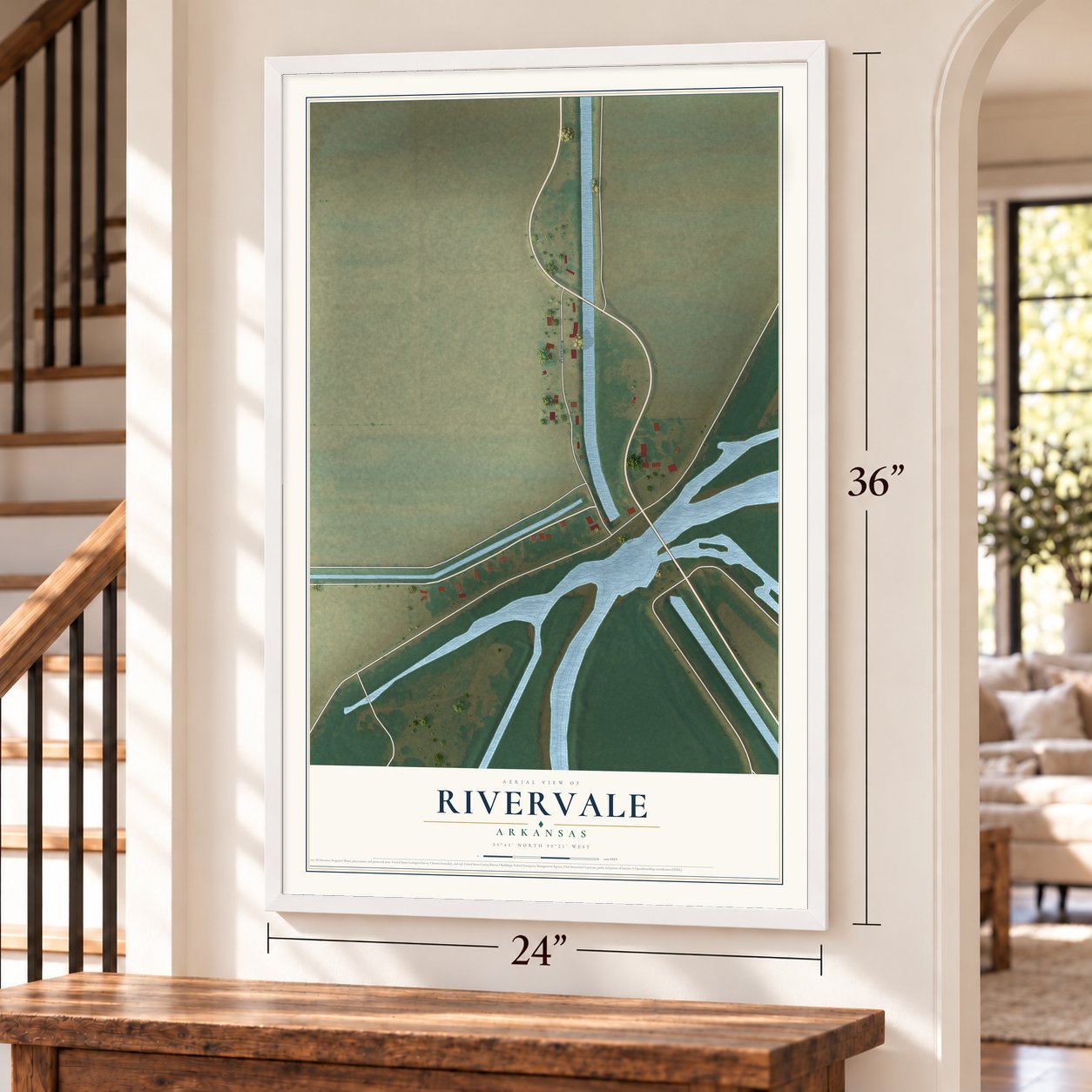 Rivervale, Arkansas map, 24 x 36 inch print in a white frame by a staircase