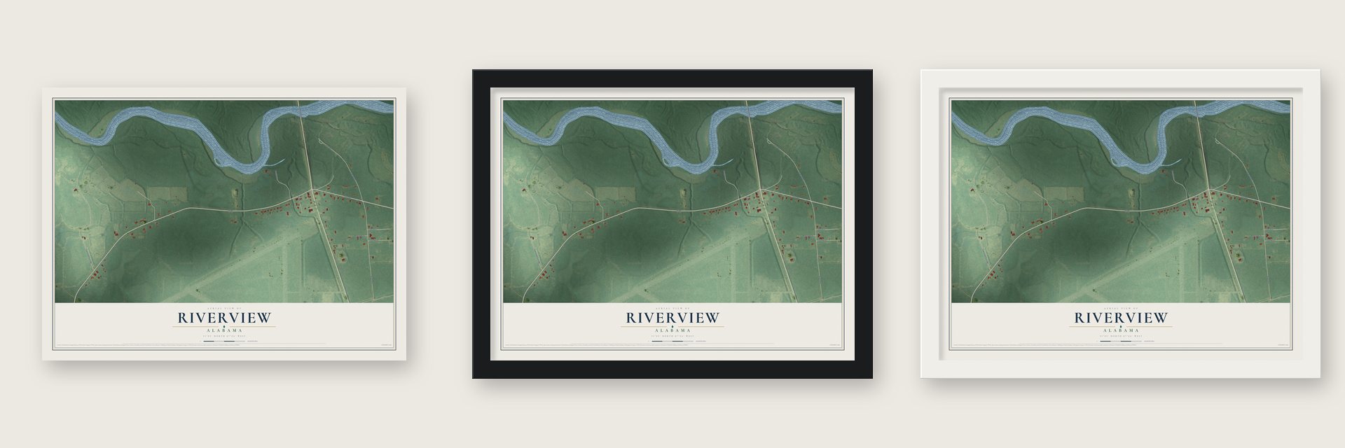 Riverview, Alabama map unframed, in a black wood frame and in a white wood frame
