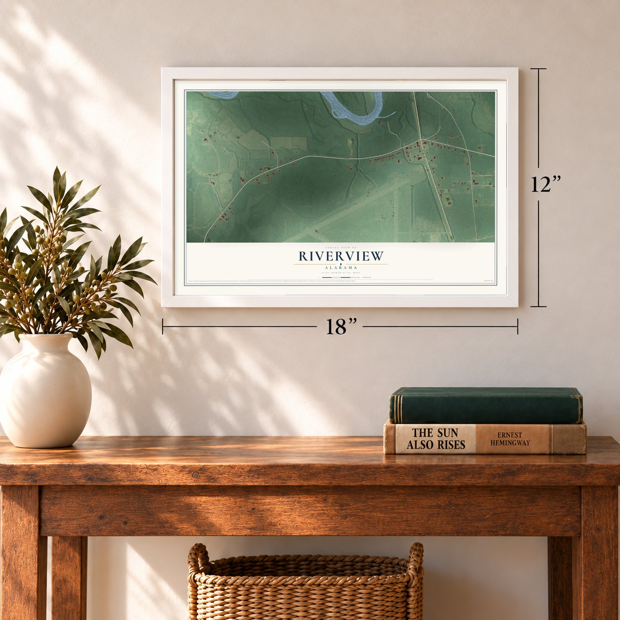 Riverview, Alabama map, 12 x 18 inch print in a white frame in an entryway