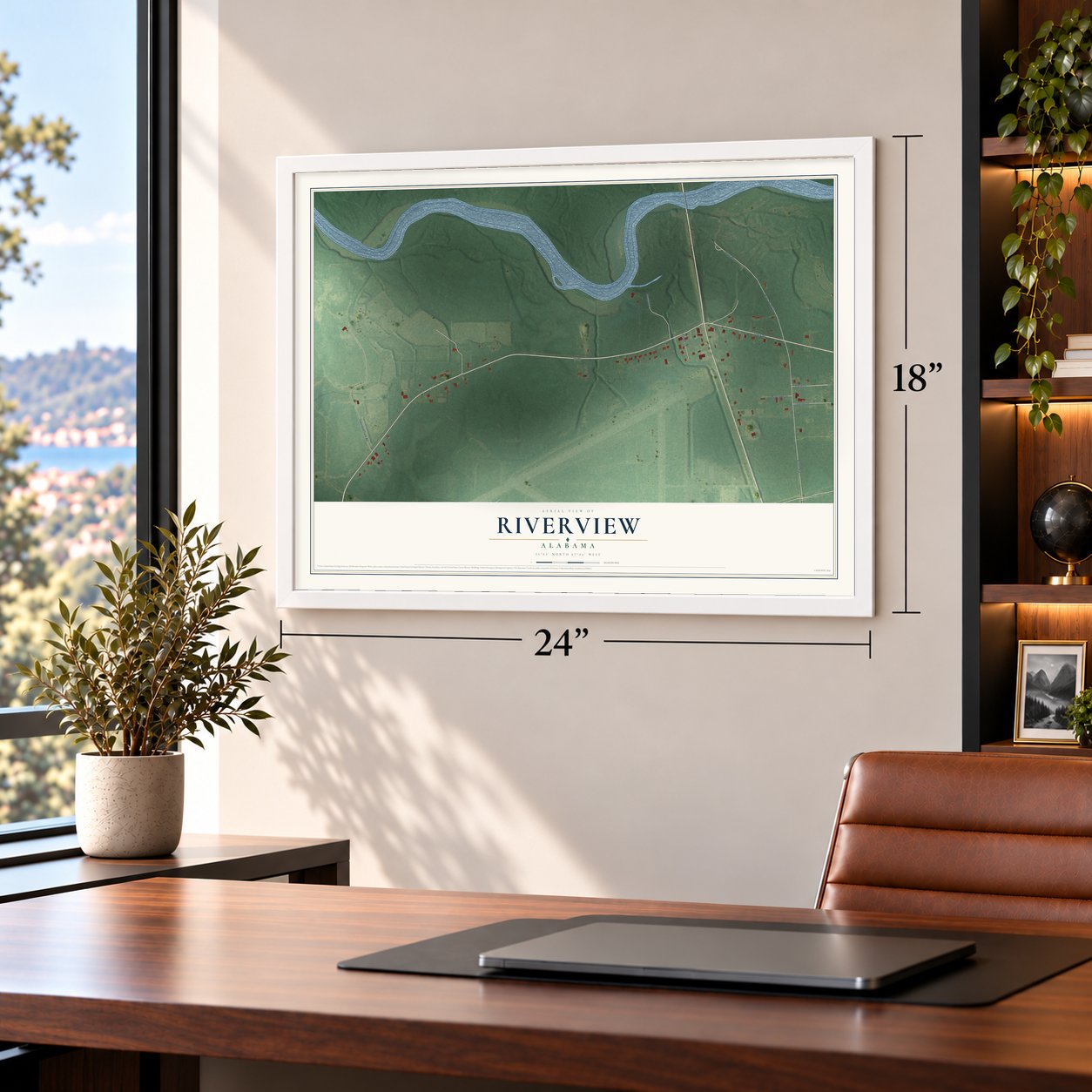 Riverview, Alabama map, 18 x 24 inch print in a white frame in a home office