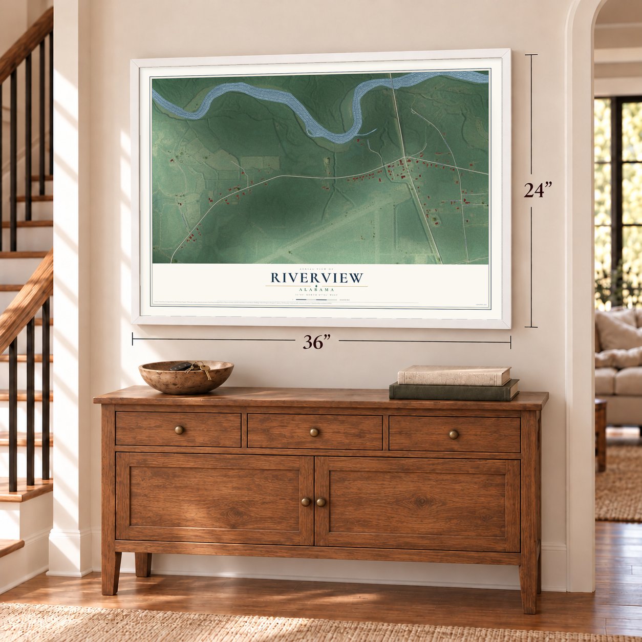 Riverview, Alabama map, 24 x 36 inch print in a white frame above a dresser by a staircase