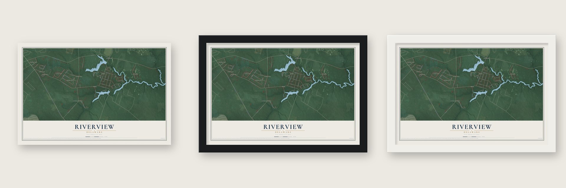 Riverview, Delaware map unframed, in a black wood frame and in a white wood frame