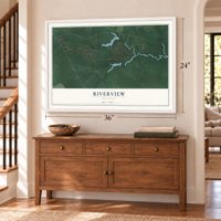 Riverview, Delaware map, 24 x 36 inch print in a white frame above a dresser by a staircase