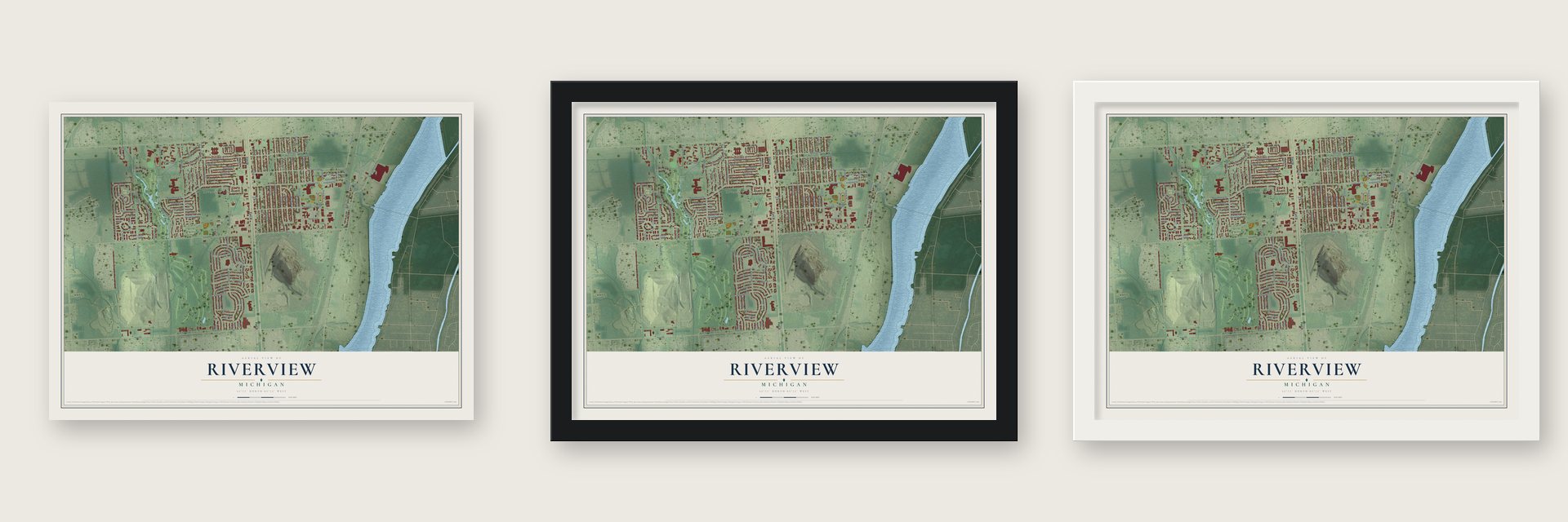 Riverview, Michigan map unframed, in a black wood frame and in a white wood frame