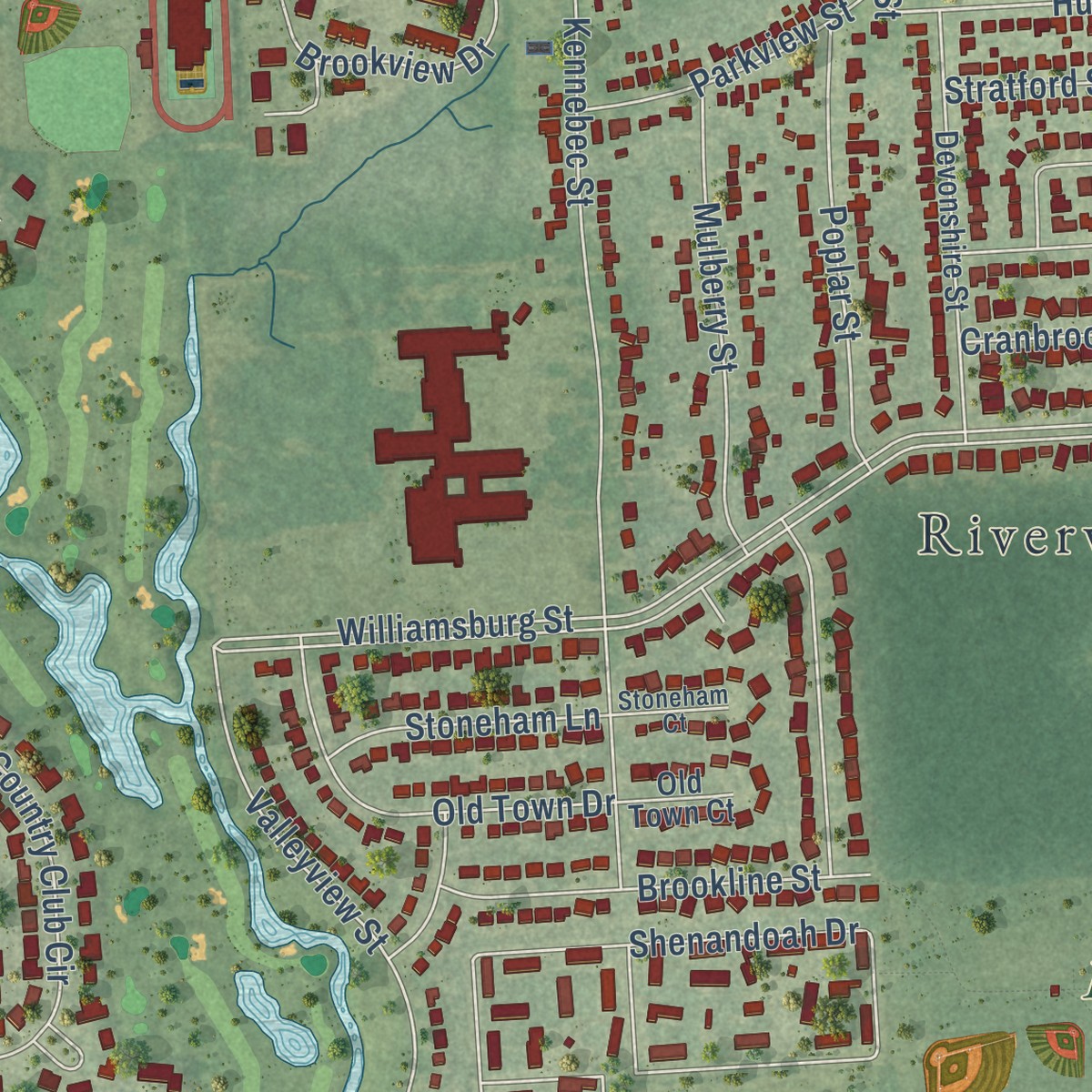 Second close-up of the map of Riverview, Michigan print showing more streets and buildings